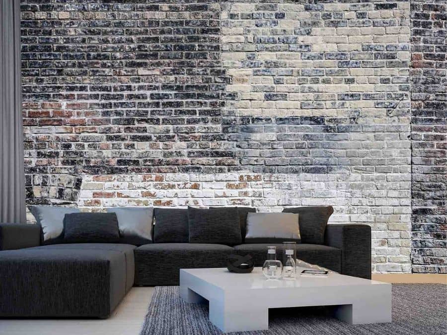 Old Multi Colored Brick Wall Mural, as seen in this living room, is an industrial feeling brick wallpaper from About Murals.