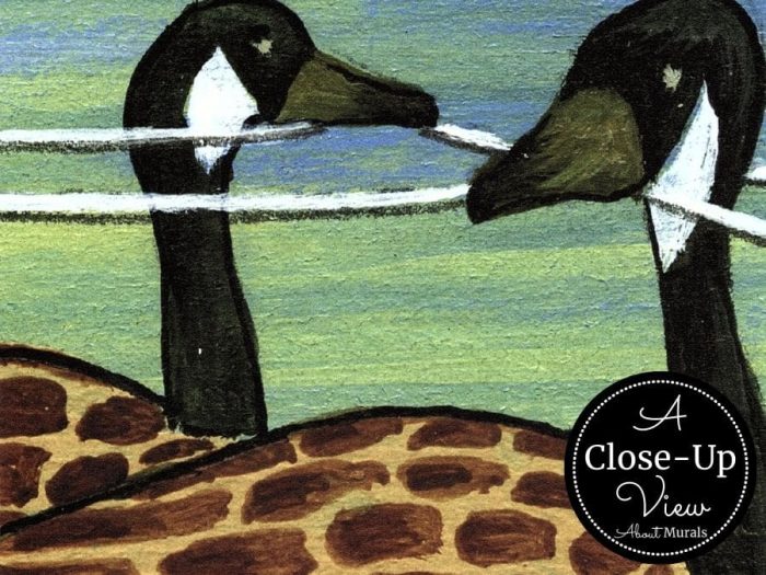 A close-up view of two geese in a wallpaper called Once Upon a Dream from About Murals.