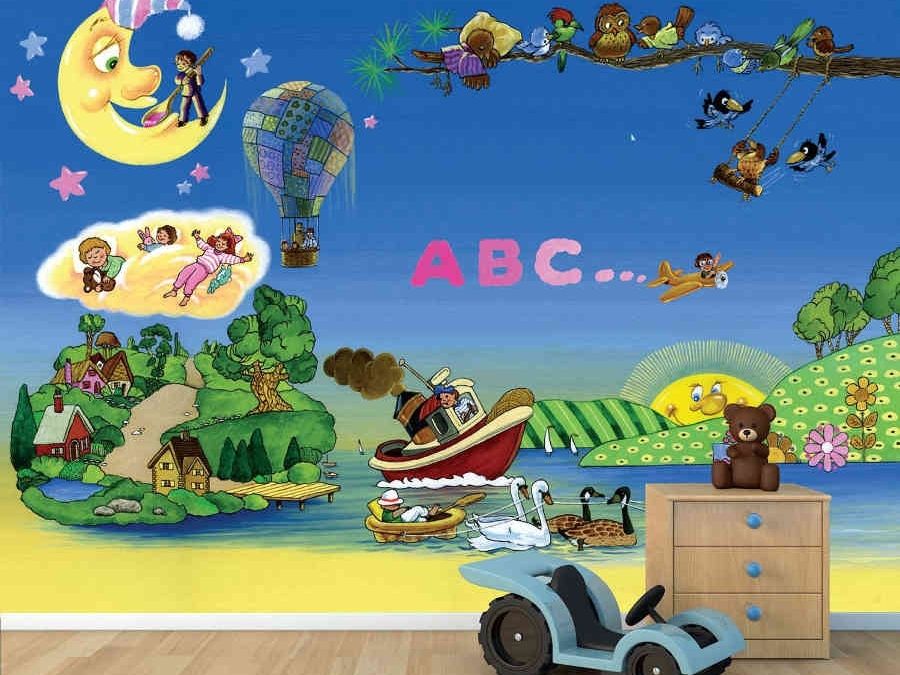 Dream Wallpaper, as seen in this kids room, is a childrens wallpaper featuring kids, birds, a tug boat, hot air balloon, airplane and man on the moon in a dream land from About Murals.