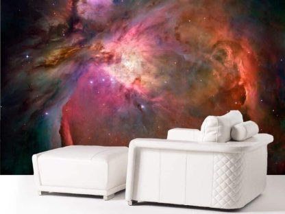 Orion Nebula Wall Mural, as seen in this living room, is a space wallpaper made from a NASA supplied photo, sold by About Murals.