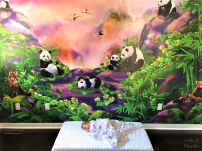 Panda Wall Mural, as seen in this baby nursery, features cute panda bears and fox in a green tropical jungle. Kids wallpaper sold by AboutMurals.ca.