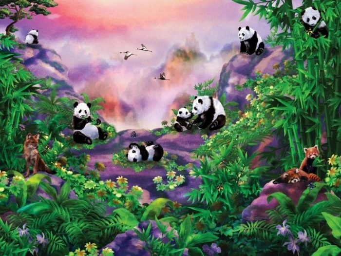 Panda Wall Mural is a kids wallpaper featuring cute pandas and fox in a green and purple bamboo forest. Panda wallpaper sold by About Murals.