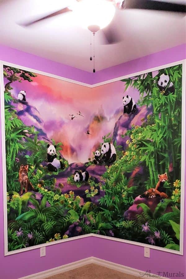 Panda Wall Mural, as seen in this purple bedroom, features cute panda bears and fox in a green tropical forest. Kids wallpaper sold by AboutMurals.ca.