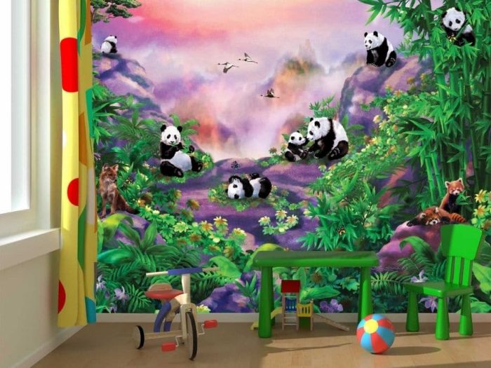 Panda Wall Mural, as seen in this playroom, features cute panda bears and fox in a purple and green bamboo forest. Panda wallpaper from About Murals.