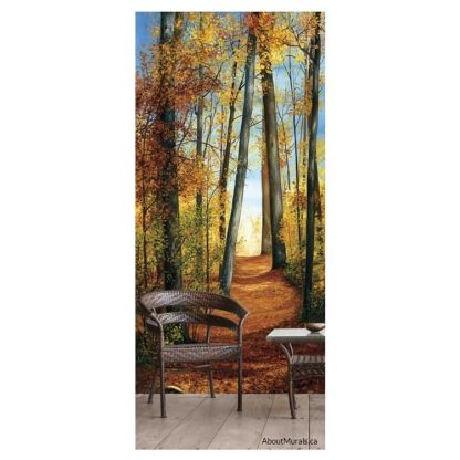 Path of Light wall mural, an autumn themed forest wallpaper, sits behind a wicker chair and table.