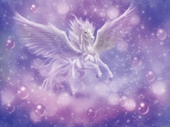 Pegasus Wall Mural is a wallpaper featuring a white horse flying through a magical purple galaxy from About Murals.