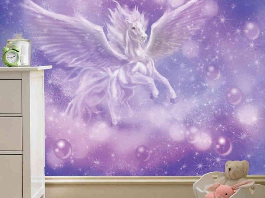 Pegasus Wall Mural, as seen in this purple nursery, features a white horse flying through a magical sky from About Murals.