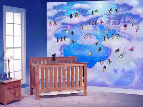 Penguin Wall Mural, as seen in this penguin nursery, is a kids wallpaper of birds skiing, skating, tobogganing, ice fishing, building a snowman and swimming from About Murals.