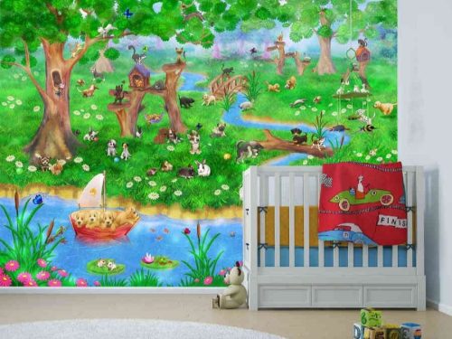 Pet Wallpaper, as seen on the wall of this nursery, is a kids mural featuring cats, dogs, bunnies and birds in a green forest from About Murals.