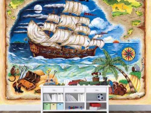 Pirate Ship Wall Mural, as seen in this kids room, is a kids wallpaper with an old treasure map illustrated with a pirate ship, tropical beach and treasure chest from About Murals.