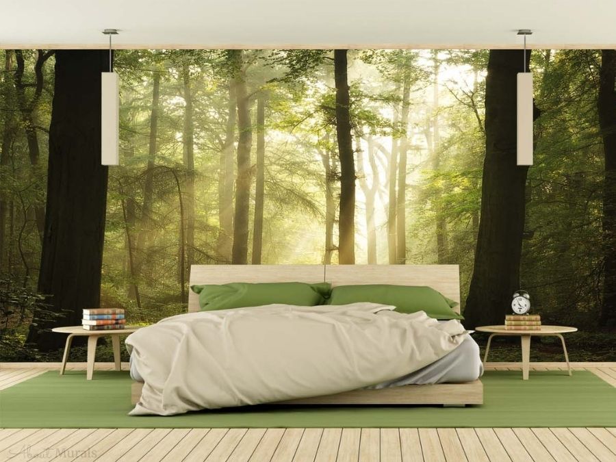 Play of Lights Wall Mural in a Bedroom - Forest Wallpaper from About Murals