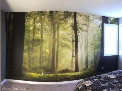 Play of Lights Wall Mural features a green forest on removable wallpaper, as seen in this grey bedroom. Easy wallpaper sold by AboutMurals.ca.