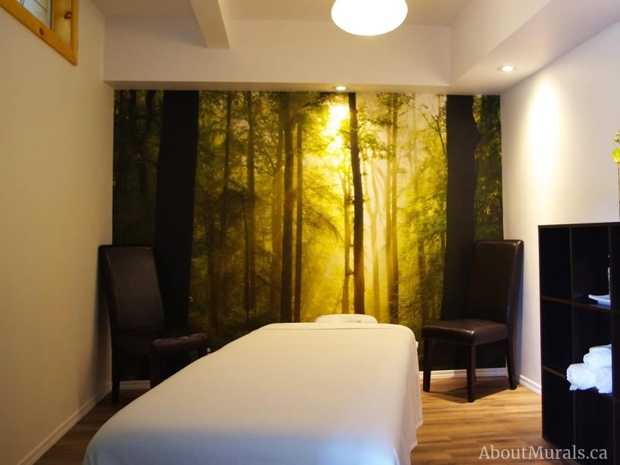 Play of Lights Wall Mural is a serene forest wallpaper as seen in this spa. Easy wallpaper sold by AboutMurals.ca.