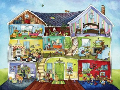 Playhouse Wallpaper is a kids mural featuring a pig, cow, giraffe, zebra, elephant, rabbit and dog in a whimsical house from About Murals.