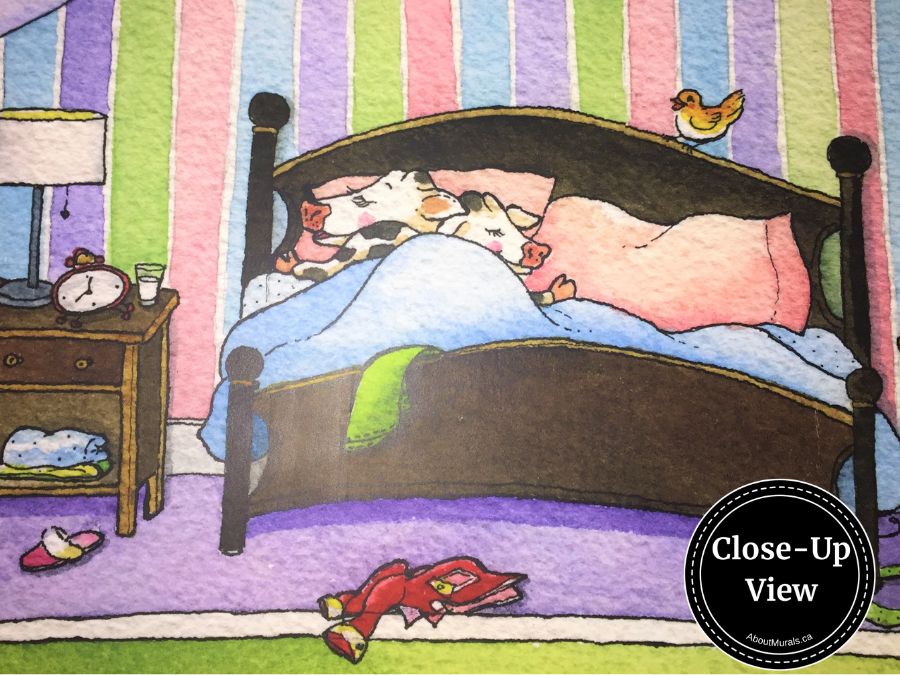 Close-up of two cows sleeping in a bed in this children's mural called Playhouse Wallpaper from About Murals.