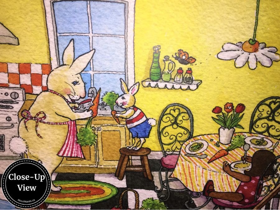 Close-up of two bunnies cooking in a kitchen in a kids mural called Playhouse Wallpaper from About Murals.
