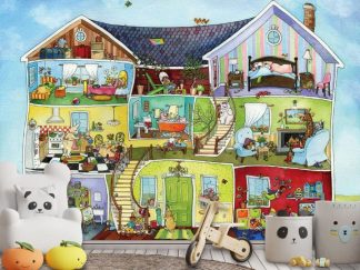 Playhouse Wallpaper, as seen on the wall of this playroom, is a kids mural featuring animals living and doing chores in a home like humans would from About Murals.