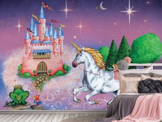 Princess Castle Wallpaper, as seen on the wall of this girl bedroom, is a fairy tale mural featuring a unicorn prancing under a pink castle surrounded by a frog prince and fairies from About Murals.