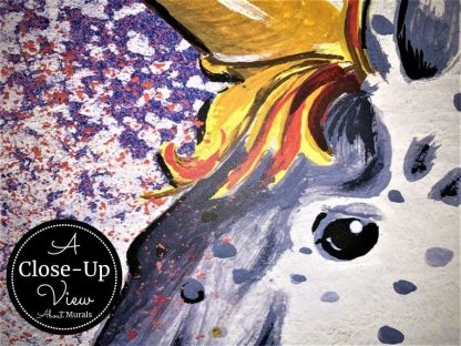 Close-up of a unicorn's face in a fairytale mural.