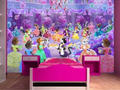 Princess Cat Wall Mural, as seen in this bedroom, features pretty princess cats dressed at a royal ball in a purple castle from About Murals.