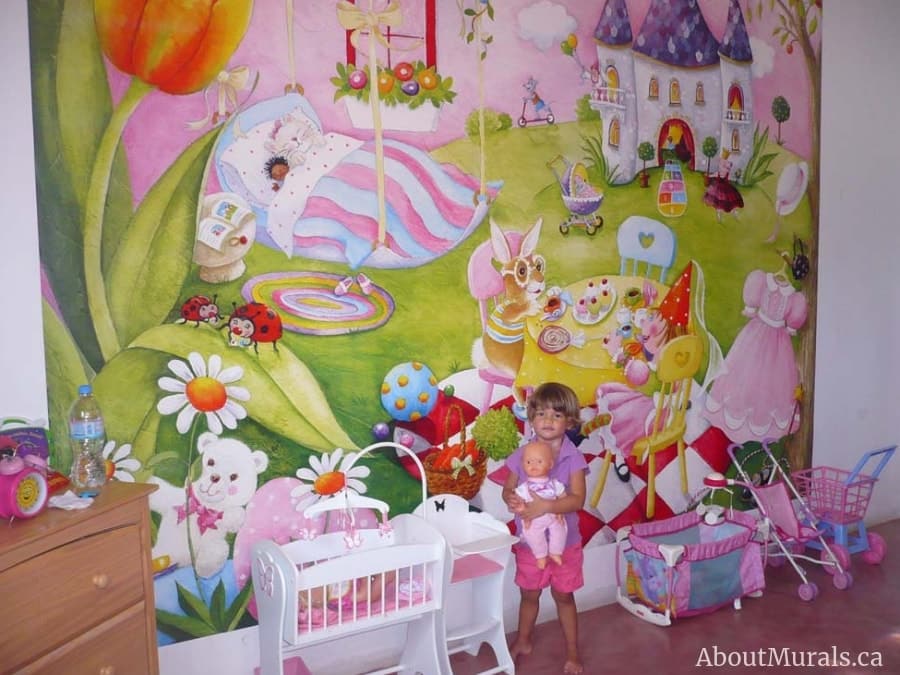 A princess wall mural in a playroom, sold by AboutMurals.ca