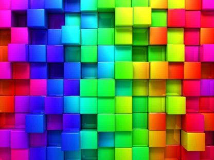 Rainbow Cubes Wall Mural is a 3D cubes wallpaper in red, blue, purple, green, yellow, orange, pink and purple from About Murals.