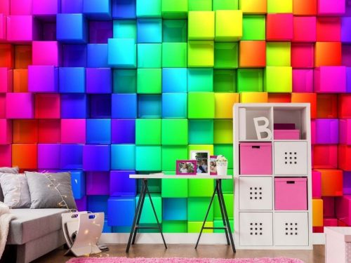Rainbow Cubes Wall Mural, as seen in this kids room, is a 3D cubes wallpaper in red, blue, green, yellow, pink and purple from About Murals.