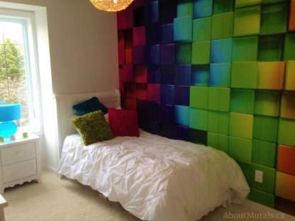 Rainbow Cubes Wall Mural, as seen in this white bedroom, features colourful 3D looking cube squares. Kids wallpaper sold by AboutMurals.ca.