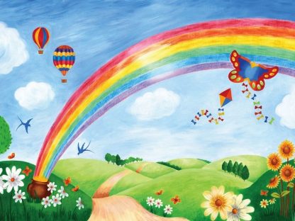 Rainbow Wall Mural is a kids wallpaper with a kite, hot air balloons and a rainbow in a green park from About Murals