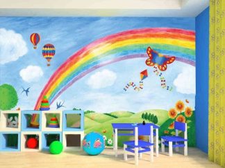 Rainbow Wall Mural, as seen in this kids room, is a wallpaper that features a rainbow, a kite and hot air balloons in a park from About Murals.
