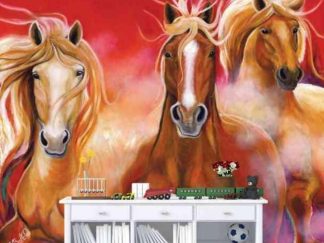 Red Running Horses Wallpaper, as seen on the wall of this kids room, features three brown horses galloping under a red sky from About Murals.