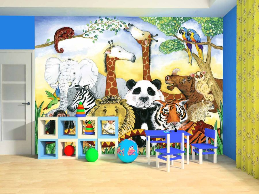 Safari Animal Wallpaper, as seen on the wall of this playroom, is a kids mural with a lion, giraffe, elephant, zebra, tiger and monkey from About Murals.