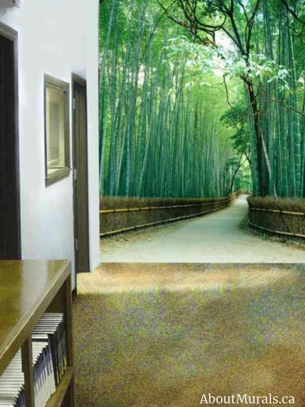 Sagano Bamboo Forest Wall Mural, as seen in this library, features a path lined with bamboo stalks in Kyoto, Japan. Bamboo wallpaper sold by AboutMurals.ca.