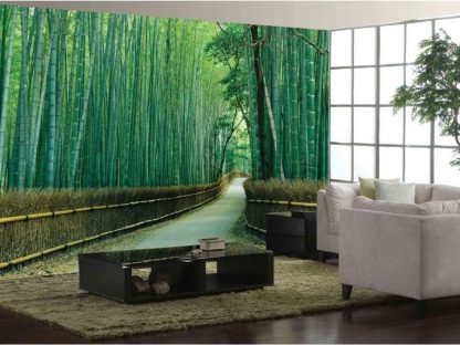 Sagano Bamboo Forest Wall Mural, as seen in this living room, is a green bamboo forest wallpaper of a tranquil walking path in Kyoto, Japan from About Murals.