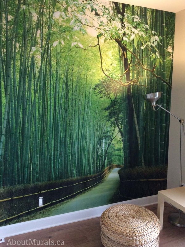 Sagano Bamboo Forest Wall Mural, as seen in this living room, features a path lined with bamboo stalks in Kyoto, Japan. Bamboo wallpaper sold by AboutMurals.ca.