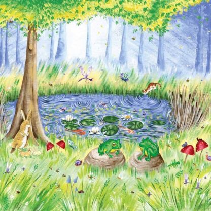 Secret Garden Wall Mural is a kids wallpaper with frogs, snails, butterflies, dragonflies and bunnies at a pond under trees from About Murals.