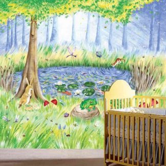 Secret Garden Wall Mural, as seen on the wall of this nursery, is a kids wallpaper with frogs and butterflies at a pond in a forest from About Murals.