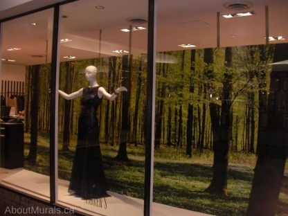 Shadows and Lights Wall Mural, as seen in this clothing store, features green trees in a spring forest. Forest wallpaper sold by AboutMurals.ca.