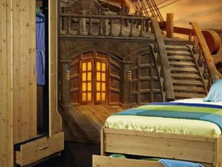 Ship Deck Wallpaper, as seen on the wall of this bedroom, features the helm of a wooden boat at dusk from About Murals.