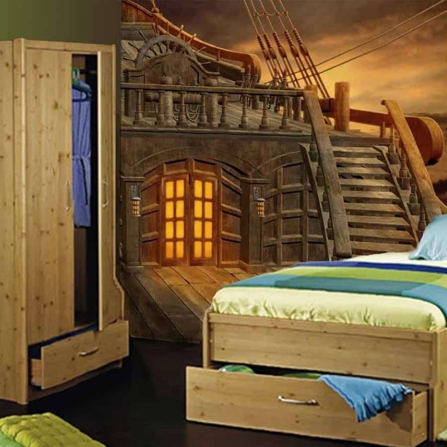 Ship Deck Wallpaper, as seen on the wall of this bedroom, features the helm of a wooden boat at dusk from About Murals.
