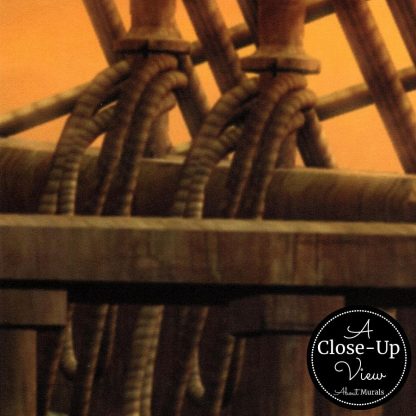 A close-up view of brown rope and a staircase against an orange sky on a ship deck wallpaper from About Murals.