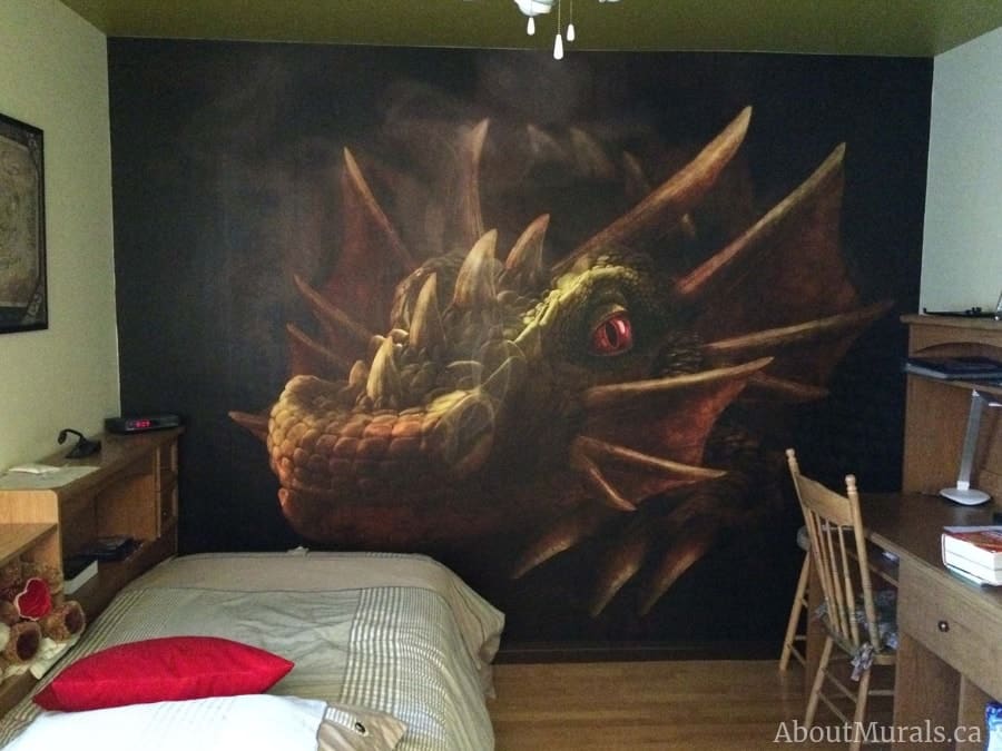 Smokey Dragon Wall Mural, as seen in this bedroom, features a closeup view of a menacing dragon, smoking billowing from his nostrils, guarding his lair. Dragon wallpaper sold by AbourMurals.ca.