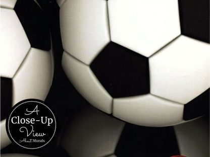 A close-up view of a black and white soccer balls wallpaper from About Murals.