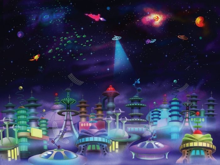 Space City Wall Mural is a kids space wallpaper featuring spaceships flying in a purple galaxy overlooking modern buildings from About Murals.