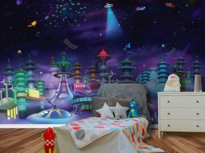 Space City Wall Mural, as seen in this children’s bedroom, is a space wallpaper with flying rocket ships and UFOs above skyscrapers under a purple galactic sky from About Murals.