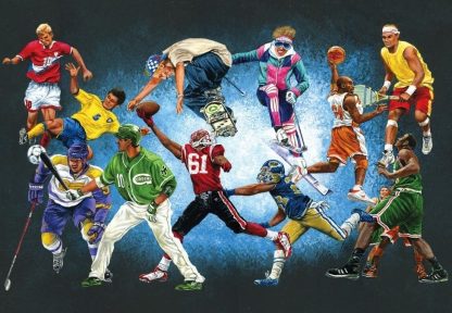 Sports Unlimited Wall Mural is a kids sports wallpaper with athletes playing their sport on a black background from About Murals.