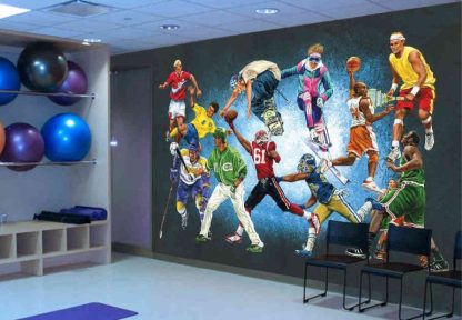 Sports Unlimited Wall Mural, as seen in this fitness gym, is a sports wallpaper featuring athletes playing soccer, hockey, baseball, football, skateboarding, skiing, basketball and tennis from About Murals.