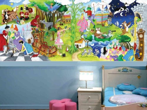 Story Time Wall Mural, as seen in this bedroom, is a fairytale wallpaper featuring Cinderella, Snow White and the Seven Dwarfs, Rapunzel, Jack and the Beanstalk, Little Red Riding Hood, Humpty Dumpty, Three Blind Mice, Hansel and Gretel, Princess and the Pea from About Murals.
