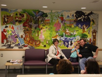 Story Time Wall Mural, as seen on the wall of this children’s hospital, is a fairytale wallpaper mural featuring Cinderella, Snow White and the Seven Dwarfs, Rapunzel, Jack and the Beanstalk, Little Red Riding Hood, Humpty Dumpty, Three Blind Mice, Hansel and Gretel, Princess and the Pea and more sold by About Murals.