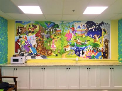 Story Time Wall Mural, as seen on the wall of this kitchen, is a fairytale mural featuring characters from famous children’s books from About Murals.